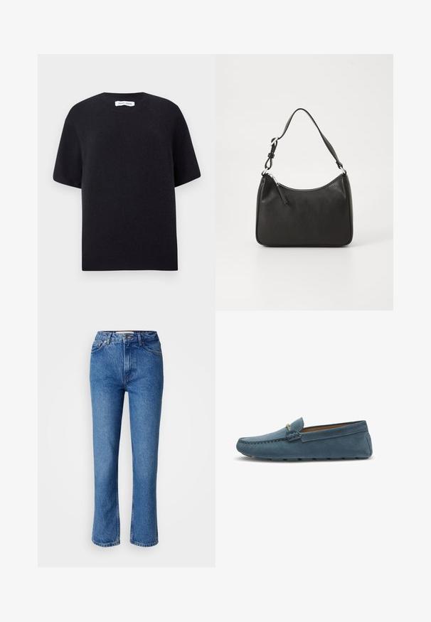 Maglione corto a maniche corte nero in maglia con scollo rotondo e orlo a costine. Tessuto liscio con vestibilità comoda. Design minimalista.; Jeans in denim blu con taglio dritto, dotati di un classico design a cinque tasche, cuciture arancioni e chiusura con bottone.; Mocassini in suede blu con suola piatta, caratterizzati da un design cucito lungo i bordi e un accento metallico decorativo nella parte anteriore.; Borsa a tracolla in pelle nera con forma curva, una tracolla singola, chiusura con zip e marchio discreto sul fronte. Texture liscia, design minimalista.