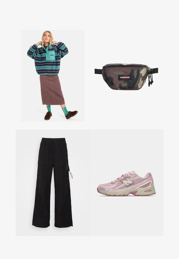 Fleece-Pullover mit teal- und marineblauen Streifen, halbseitigem Reißverschluss, Fronttasche, kombiniert mit einem braunen Rock und gemusterten grünen Socken.; Schwarze weit geschnittene Hose aus einem strukturierten Stoff. Mit einem elastischen Bund und Zugband, seitlichen Taschen und kontrastierenden Nahtdetails.; Rosa und beige New Balance 740 Sneaker mit Obermaterial aus Mesh und Synthetik, Schnürverschluss und gepolsterter Sohle, seitlich dargestellt.; Tarn-Multitasche aus strapazierfähigem Material, mit einem Reißverschluss, verstellbarem Gurt und einem roten Eastpak-Logo-Patch auf der Vorderseite.