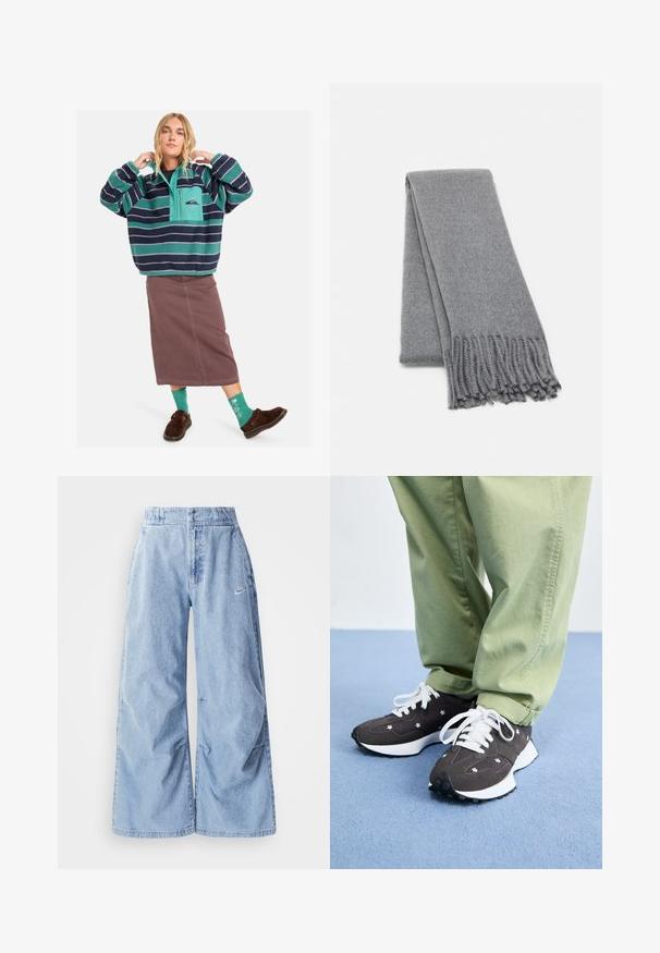 Sudadera de forro polar con rayas en teal y azul marino, diseño de media cremallera, bolsillo frontal, combinada con una falda marrón y calcetines verdes con estampado.; Nike Sportswear PANT - Vaqueros boyfriend - lt armory blue; Zapatillas gris oscuro con cordones blancos y detalles florales, que presentan una suela blanca gruesa y un material texturizado. Combinadas con pantalones verde claro.; Bufanda de lana gris con una textura suave, que presenta bordes con flecos y un diseño sencillo. Doblada de manera ordenada, mostrando su forma alargada.