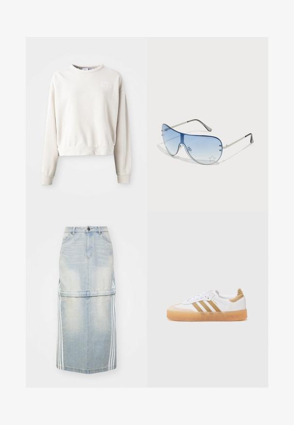 Krémový zkrácený svetr vyrobený z měkkého materiálu, s kulatým výstřihem, dlouhými rukávy a vyšitým logem na hrudi.; Džínová midi sukně v světle modré barvě, s bočními pruhy, přiléhavým pasem a předními kapsami. Odloupaná textura přidává detail.; Bílé tenisky s béžovými akcenty, obsahující tři pruhy, zaoblenou špičku a průhlednou gumovou podrážku. Hladká kůže a textilní materiály.; Pilotské sluneční brýle s modrými gradientními skly, stříbrným kovovým rámem a dekorativními hvězdnými akcenty na sklech. Hladký a elegantní design.