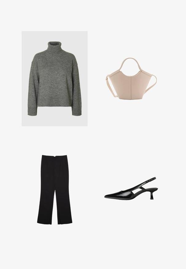 Sivi pulover s turtleneck ovratnikom, izdelan iz mehkega, teksturiranega materiala z sproščenim krojem. Ima rebrast vrhnji del, manšete in rob. Preprost dizajn.; Črne hlače ravnega kroja z naglavnimi žepi in stranskimi razporki na robu. Narejene iz mehke, gladke tkanine. Primerne za različne priložnosti.; Črne patentični usnjeni salonarji s slingback designom, z zašiljenim nosom, izrezanim stranskim dizajnom in majhnim kvadratnim peto. Gladka tekstura z minimalnimi detajli.; Bežna usnjena torbica edinstvene oblike, z dvema kratkima ročajema in dolgim nastavljivim trakom. Gladka tekstura z minimalno kovinsko opremo.