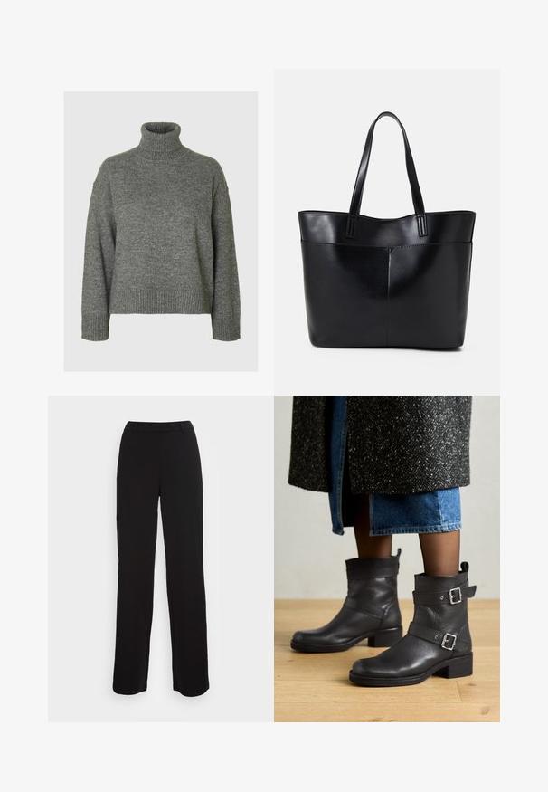 Grå turtleneck-sweater i ett mjukt, texturerat material med avslappnad passform. Har ribbat krage, muddar och nederkant. Enkelt design.; Svarta byxor med rak bendesign, slät textur och passande midjeband. Har framlommor och minimal sömsdetalj.; Svarta läderankelstövlar med rund tå, justerbara remmar, silverfärgade spännen och en kraftig klack, placerade mot ett trägolv.; Svart läder tote-väska med två långa handtag, en slät yta och en strukturerad form. Har en framficka för extra förvaring.