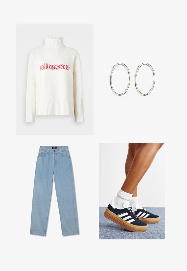 Bela pletena jopica z visokim rebrastim ovratnikom, ki vsebuje rdeči vezen 'ellesse' logotip čez prsa. Dolgi rokavi z rebrastimi manšetami.; Svjetloplave traperice ravnog kroja s pet džepova, zatvaranjem na gumbi i suptilnim izbljeđenjem sprijeda.; Črni antilop superge z belimi črtami in poudarki, okrogel prst, gumijasti podplat, kombinirane z belimi rebrastimi nogavicami.; Srebrni uhani obroči z gladko, polirano površino. Okrogla oblika, lahka zasnova, ki vključuje varen sistem zapiranja.