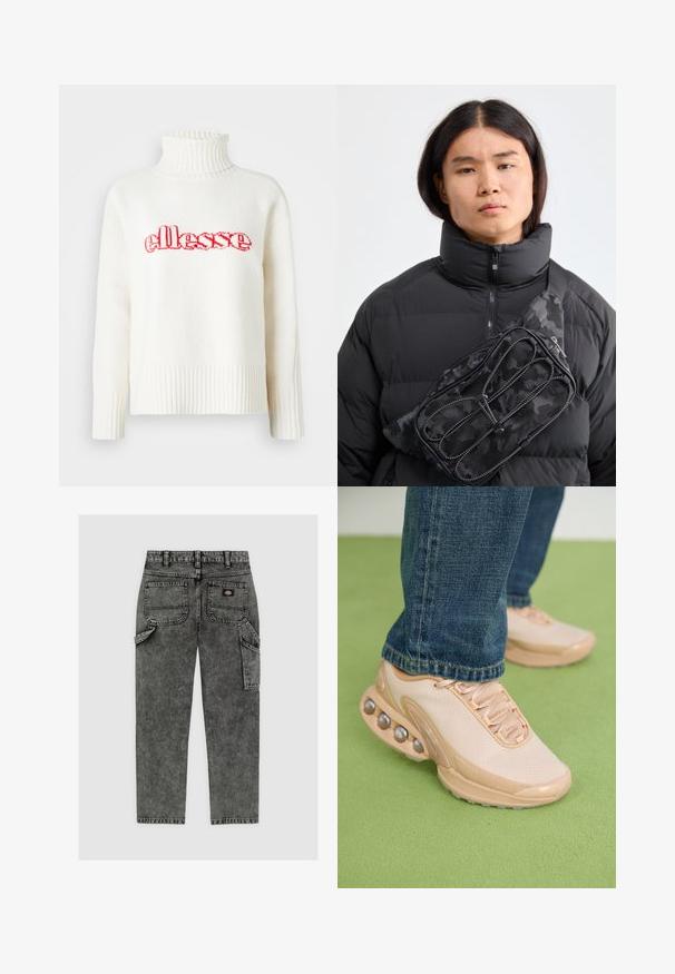 Weißer Strickpullover mit hohem Rippenkragen, ausgestattet mit einem roten gestickten "ellesse"-Logo auf der Brust. Lange Ärmel mit Rippenbündchen.; Schwarze Cargo-Shorts aus Baumwolle mit geradem Bein, mehreren Taschen und einer verblassten Textur. Abgerundet mit kontrastierenden Nähten und einem Logopatch.; Helle beige Sportschuhe verfügen über ein Obermaterial aus Mesh, eine Gummisohle und abgerundete Akzente mit metallischen Details. Tragen Sie sie mit blauen Jeans auf einer grünen Fläche.; Schwarze Nylon-Bauchtasche mit Camouflage-Muster und Reißverschlusstaschen, diagonal über einer schwarzen Steppjacke mit hohem Kragen getragen.