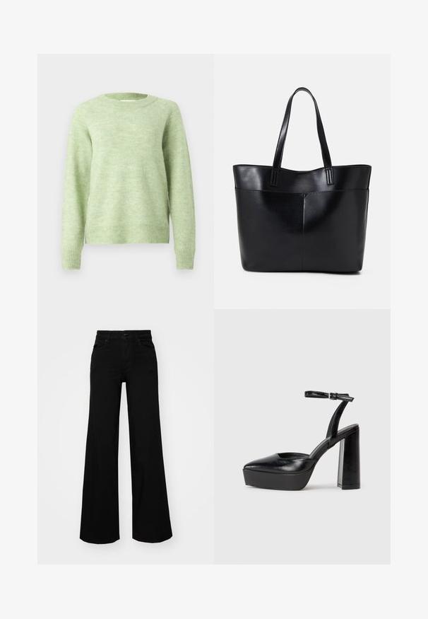 Maglione verde chiaro realizzato in tessuto morbido e strutturato; presenta una scollatura rotonda, maniche lunghe e bordi a coste per una vestibilità confortevole.; Pantaloni neri a gamba larga in denim, con una vita strutturata, passanti per la cintura e tasche frontali. Texture liscia con un design classico.; Tacchi a piattaforma neri con punta appuntita e cinturino regolabile alla caviglia. Realizzati in pelle liscia, presentano un tacco a blocco spesso.; Borsa a tracolla in pelle nera con due manici lunghi, una texture liscia e una forma strutturata. Presenta una tasca frontale per ulteriore spazio di archiviazione.