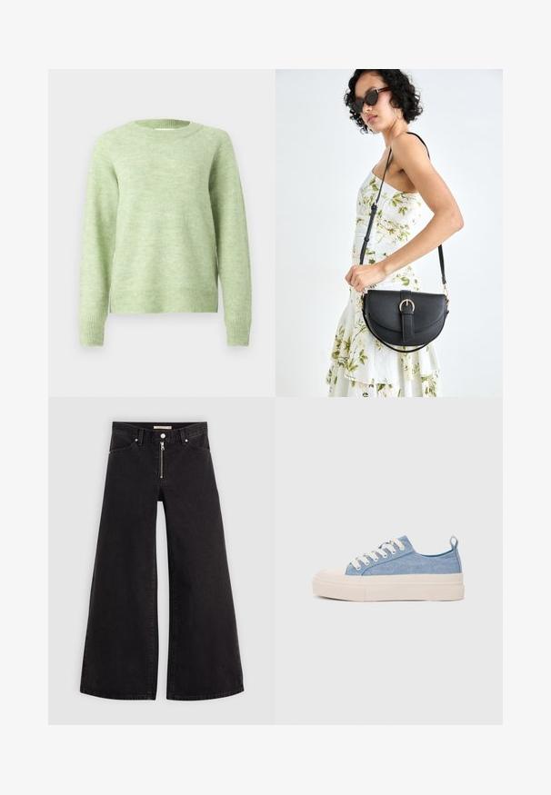 Light green sweater made of soft, textured fabric; features a round neck, long sleeves, and ribbed hems for a comfortable fit.; Wide-leg jeans in black denim with a zippered front, five-pocket design, and subtle stitching details. Smooth texture and casual style.; Light blue canvas sneakers with a cream rubber toe cap and outsole, featuring white laces and a pull tab on the heel.; Black leather handbag with a curved shape, detachable strap, and gold hardware. The bag features a flap with a buckle detail.