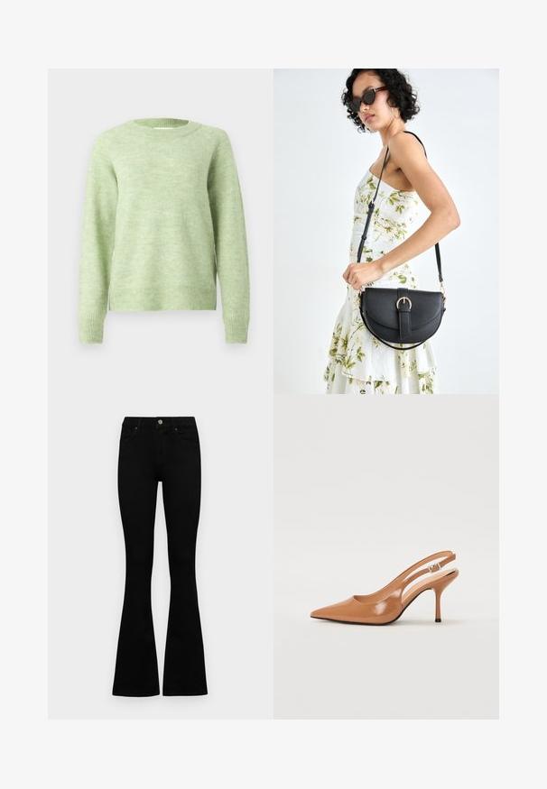 Light green sweater made of soft, textured fabric; features a round neck, long sleeves, and ribbed hems for a comfortable fit.; Black high-waist jeans with a button and zip closure, front pockets, and flared legs laid flat on a white background.; Pointed toe slingback heel in a smooth, glossy tan material. Features a curved cutout design and a slender stiletto heel. Silver buckle detail.; Black leather handbag with a curved shape, detachable strap, and gold hardware. The bag features a flap with a buckle detail.