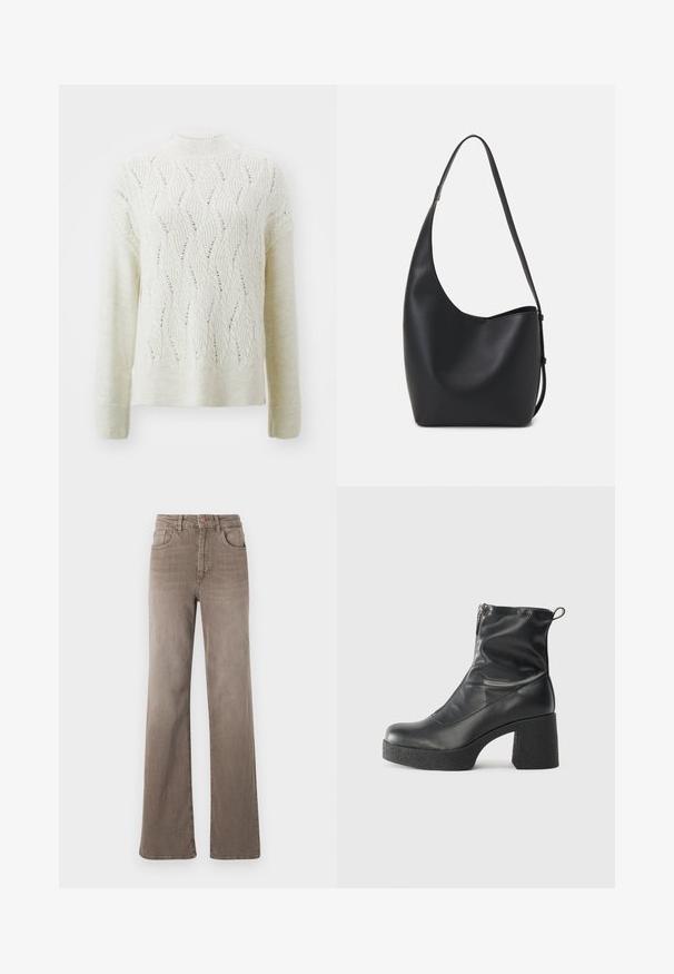 Maglione lavorato a maglia color crema con collo alto e motivo a onde con dettagli a giorno. Maniche lunghe e vestibilità comoda.; Jeans dritti a vita alta marroni con bottone frontale, passanti per cintura e design classico a cinque tasche su sfondo bianco.; Stivali neri alla caviglia in pelle liscia, con zip laterale, tacco spesso e texture, e punta arrotondata.; Borsa hobo nera in pelle con una superficie liscia, forma curvata e una singola tracolla regolabile; presenta un'ampia apertura nella parte superiore.