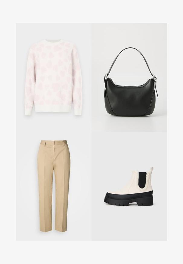 Pull blanc à la texture douce, arborant un motif de cœur rose. Col rond et poignets côtelés mettent en valeur le design.; Pantalon beige à jambe droite avec passants pour ceinture, pli avant et fermeture dissimulée, présenté sur un fond clair.; Bottes chelsea à plateforme épaisse avec une tige blanche, semelle en caoutchouc noire et panneaux élastiques latéraux contrastants noirs. Bord en faux fourrure au sommet.; Sac à main en cuir noir avec une forme arrondie, fermeture éclair argentée et une courte poignée. Présente un logo subtil à l'avant et une texture lisse.