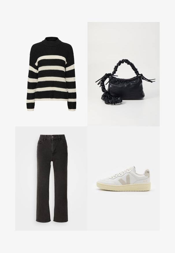 Mustvalge triibuline kudum, kõrge kaelusega, laia lõike ja soonilise tekstuuriga. Omab laiu horisontaalseid triibusid ja pikki varrukaid.; Mustad laiad teksad, millel on ees nööbid, vööde kinnitamise silmad ja viis taskut, kerge kulumise efektiga.; Valge nahast tenniseking, millel on beežist siidist aktsent ja aukudega varvas, lame paelad ja tekstureeritud koorevärvi tallad. Omab nüansirikast brändimist kannal.; Must must sünteetilisest nahast käekott, millel on krokodillimuster, kokku tõmmatav ülaosa ja kortsus rihm. Tundub pehme ja kompaktne disain.