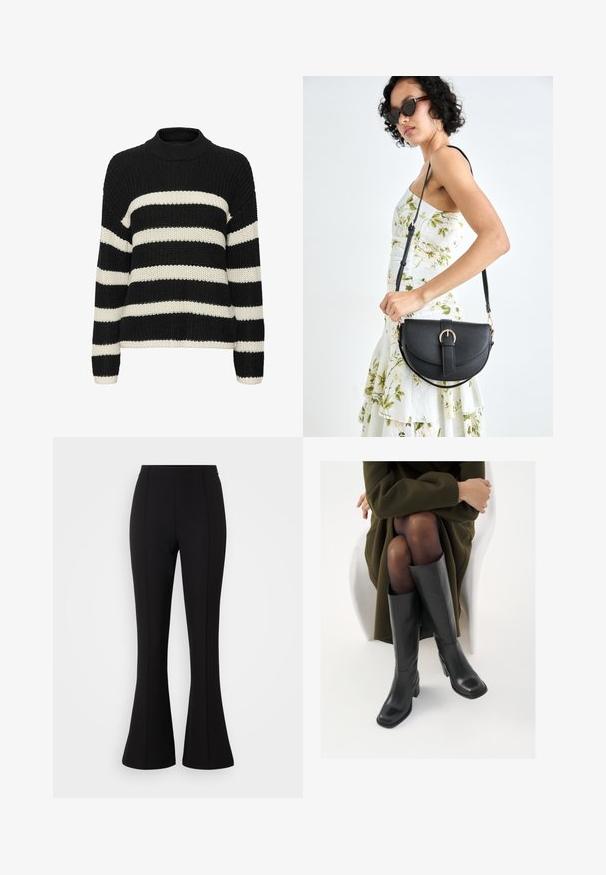 Schwarz- und cremefarbener gestreifter Strickpullover mit hohem Kragen, lockerer Passform und geripptem Textur. Merkmale sind breite horizontale Streifen und lange Ärmel.; Schwarze, ausgestellte Hosen aus elastischem Stoff, mit glatter Textur, hohem Bund und Nahtdetails an der Vorderseite.; Knöchelhöhe schwarze Lederstiefel mit quadrater Spitze und Blockabsatz, gezeigt mit einem Modell, das einen olivgrünen Mantel trägt. Glatte Textur, minimale Details.; Schwarze Lederhandtasche mit geschwungener Form, abnehmbarem Tragegurt und goldenen Beschlägen. Die Tasche verfügt über einen Deckel mit einer Schnallen-Details.