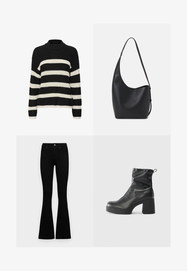 Juodas ir kreminis dryžuotas megztinis su aukštu kaklu, laisvu siluetu ir neryškiu tekstūru. Yra plačios horizontalių dryžių juostos ir ilgomis rankovėmis.; Juodos aukšto liemens džinsai su mygtuku ir užtrauktuku, priekinėmis kišenėmis ir platėjančiomis kojomis, išdėstyti ant baltos fono.; Juodos kulkšninių botai, pagaminti iš lygaus odos, su šoniniu užtrauktuku, masyviu tekstūruotu kulnu ir apvaliu pirštu.; Juodas odinis hobo maišas su lygiu paviršiumi, kreipta forma ir viena reguliuojama rankena; turi platų atidarymą viršuje.