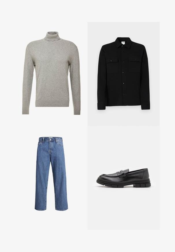 Pull over gris avec un col haut et des manches longues. Fabriqué à partir d'un matériau lisse et doux, il possède une coupe ajustée et des accents côtelés au niveau de l'ourlet.; Chemise noire à boutons, fabriquée dans un tissu lisse, dotée de deux poches poitrine, d'un col pointe et de poignets à boutons. Design simple avec un minimum de détails.; Jean en denim bleu clair avec une coupe droite, taille haute et des détails de couture minimes. Le tissu a une texture douce et légèrement délavée.; Mocassins en cuir noir avec une finition lisse, présentant un détail de sangle à l'avant et une semelle en caoutchouc épaisse avec des accents striés.