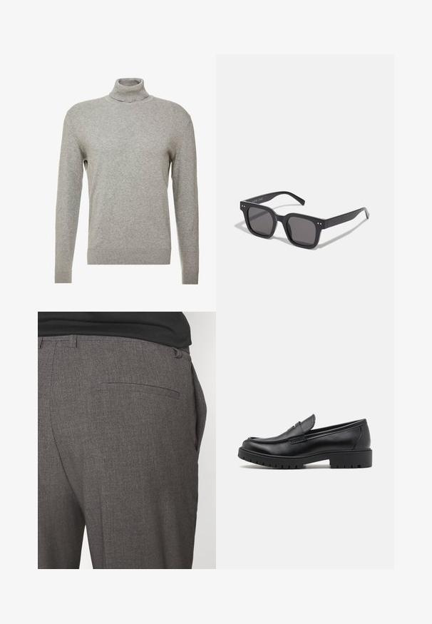 Gray pullover sweater with a high neck and long sleeves. Made from a smooth, soft material with a fitted design and ribbed accents at the hem.; Gray tailored trousers with a smooth texture, featuring a single back pocket and a slim fit design. Fabric has a subtle pattern.; Black leather loafers with a rounded toe, slip-on design, and thick rubber sole featuring a textured grip. Elevated heel and subtle stitching details.; Black rectangular sunglasses with dark lenses, featuring a thick frame, subtle accents on the sides, and no visible logos beyond the brand name.; Black duffel bag made of textured fabric with sturdy black leather straps. Features a cylindrical shape and top zip closure.