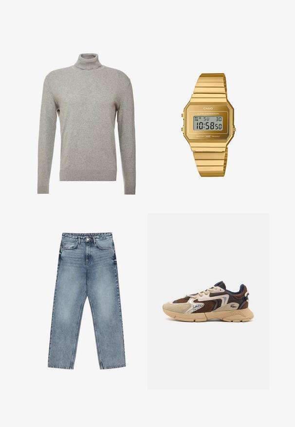 Pilkas megztinis su aukštu kaklu ir ilgomis rankovėmis. Pagamintas iš glotnaus, minkšto audinio, su prigludusia siluetu ir rebrovotais akcentais ties apvadu.; Šviesiai mėlynos džinsinės kelnės su tiesiu kelnės siluetu, matomomis siūlėmis, penkių kišenių dizainu ir mygtuko uždarymu juosmens srityje.; Bežiniai ir rudi sportbačiai su tekstūruotais tinkliniais intarpais, zomšos akcentais ir guminiais padais. Pasižymi šniriamu dizainu ir prekiniais ženklais.; Casio skaitmeninis laikrodis su aštuonkampiu auksinės spalvos nerūdijančio plieno korpusu ir apyranke, turintis LCD ekraną, alarmą ir atsparumą vandeniui.