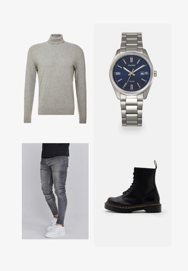 Gray pullover sweater with a high neck and long sleeves. Made from a smooth, soft material with a fitted design and ribbed accents at the hem.; Skinny jeans in faded gray denim, featuring distressed details at the knees, paired with white sneakers. Smooth texture, slim fit design.; Black leather ankle boots with a lace-up front, yellow stitching, a rounded toe, and a thick, textured rubber sole.; Silver stainless steel wristwatch with a navy blue dial, metallic hour markers, and a date window at 3 o'clock. Water-resistant to 50 meters.
