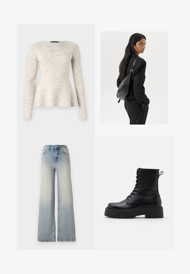 Šviesiai smėlinis ilgos rankovės megztinis su raštuota tekstūra, apvalia iškirpte ir išplatėjusia apačia. Pagamintas iš minkštos, mezginės medžiagos.; Šviesiai mėlynus plačius džinsus, pagamintus iš džinsinio audinio, su aukštu liemeniu, penkiomis kišenėmis ir matomais siūlėmis.; Juodos odinės aulinukės su apvalia nosimi, raišteliais priekyje ir storesniu guminio pado apačioje su tekstūruotu raštu. Priekyje yra kilputė.; Moteris su ilgais tamsiais plaukais, vilkinti juodą kostiumą, nešanti juodą odinę rankinę per petį, žvelgia per petį prieš balto fono.