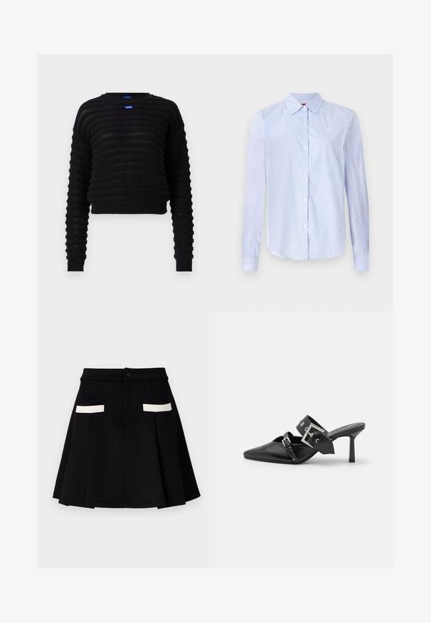 Schwarzer, kurzer Pullover mit geripptem Textur, langen Ärmeln und rundem Halsausschnitt. Mit einem blauen Logotag auf der Vorderseite. Hergestellt aus leichtem Material.; Hellblau-weiß gestreiftes Hemd mit Knöpfen, langen Ärmeln, einem Kragen und dezentem Logo-Stick auf der Brust. Angenehme Textur.; Schwarze Rock mit ausgestellt Design, ausgestattet mit zwei vorderen Taschen mit weißen Akzenten, einem Knopfverschluss und einer glatten Stofftextur.; Schwarze High-Heel-Mules mit spitzem Zeh aus glattem Leder. Mit einem breiten Knöchelriemen, der eine quadratische silberne Schnalle und Nieten aufweist.