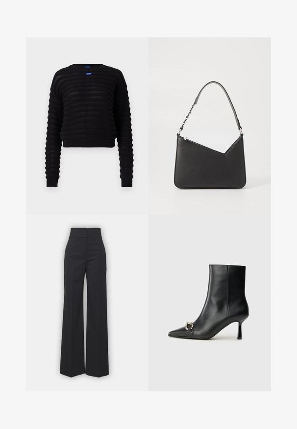 Schwarzer, kurzer Pullover mit geripptem Textur, langen Ärmeln und rundem Halsausschnitt. Mit einem blauen Logotag auf der Vorderseite. Hergestellt aus leichtem Material.; Hellblau-weiß gestreiftes Hemd mit Knöpfen, langen Ärmeln, einem Kragen und dezentem Logo-Stick auf der Brust. Angenehme Textur.; Weite Hosen aus schwarzem Stoff mit hohem Bund, die eine saubere Verarbeitung und glatte Textur aufweisen. Keine sichtbaren Beschläge oder Muster.; Schwarze Leder-Stiefelette mit spitzer Zehe, schlankem, mittelhohem Absatz und silberner Schnalle seitlich vor einem schlichten Hintergrund.; Schwarze Lederhandtasche in dreieckiger Form, mit schmalem Tragegurt und silbernem Zubehör. Sie verfügt über einen Reißverschluss und ein geprägtes Logo auf der Vorderseite.