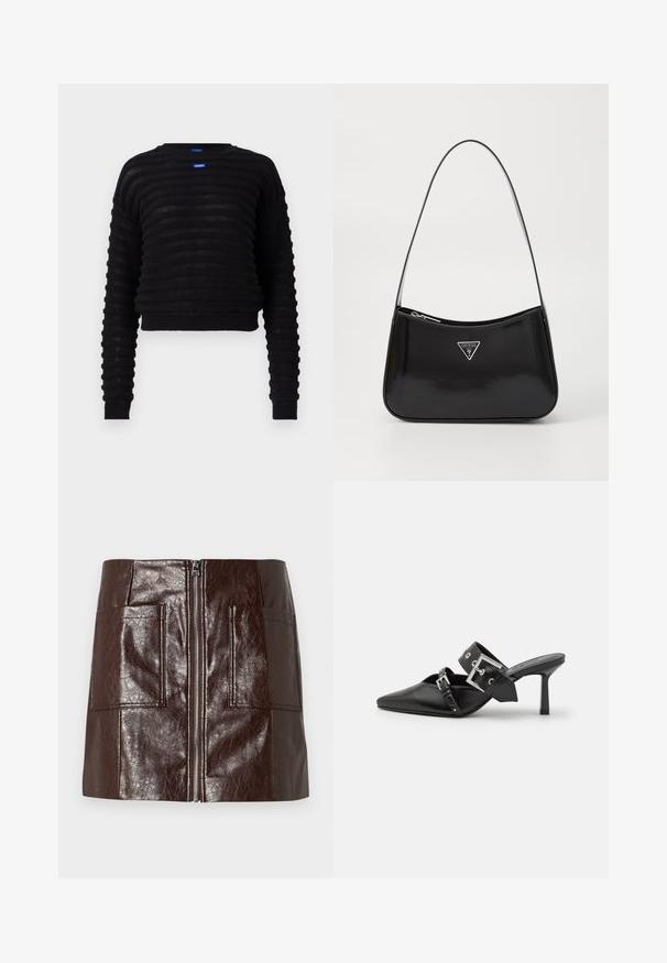 Črn skrajšan pulover z ribasto teksturo, dolgimi rokavi in okroglim izrezom. Na sprednji strani ima modro oznako. Narejen iz lahkega materiala.; Rjava mini krila iz umetnega usnja s sprednjim zadrgo, dvema velikima sprednjima žepoma in gladko, sijočo teksturo.; Črne visoke mule s koničastim prstom, izdelane iz gladkega usnja. Imajo širok gleženjski trak s kvadratno srebrno zaponko in okraski.; Črna patentirana usnjena torba za ramo s krožno obliko, opremljena s srebrnim trikotnim logotipom in zadrgo. Gladka tekstura in ozka naramnica.