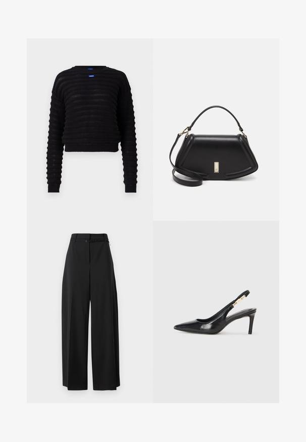 Črn skrajšan pulover z ribasto teksturo, dolgimi rokavi in okroglim izrezom. Na sprednji strani ima modro oznako. Narejen iz lahkega materiala.; Črne široke hlače z visokim pasom in pasom. Imajo gladko teksturo in čiste linije, zasnovane za sproščen kroj.; Črne usnjene sandale na visoki peti s koničastim nosom, gladko teksturo in ožjim gležnjarjem, ki ima zlate kovinske dodatke.; Črna usnjena torbica s strukturnim dizajnom, ki ima skrajšano obliko, zgornji ročaj in zlate dodatke. Vključena je nastavljiva ramenska naramnica.