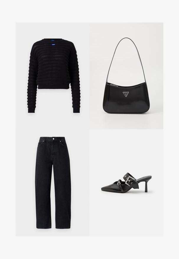 Musthave musta lühendatud sviiter, ribatekstiiliga, pikkade varrukatega ja ümarate kaelustega. Ees on sinine logo silt. Valmistatud kergest materjalist.; Kõrge vöökohaga, sirged mustad denim püksid, viie taskuga, metallist nööpidega ja toon-toonis õmblustega. Sile tekstuur, minimalistik disain.; Mustad mustad kõrged kontsad, terava toe ja siledast nahast. Omab laia pahkluu rihma ruudukujulise hõbedase klambri ja nurgakujuliste naeltega.; Must küllastatud nahast õlakott, millel on kumer kuju, hõbedase kolmnurkse logo ja tõmblukuga sulgemine. Sile tekstuur ja õhuke rihm.