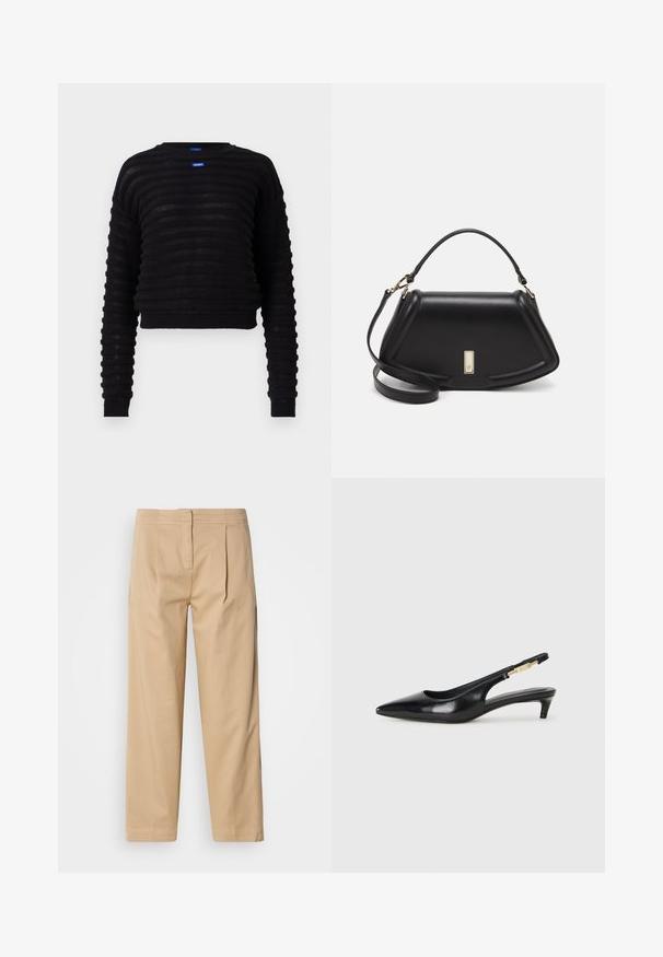 Svart kortärmad tröja med ribbad textur, långa ärmar och rund halsringning. Har en blå logotags på framsidan. Tillverkad av lätt material.; Beige bomullbyxor med avslappnad passform, som har två framveck, raka ben och en klassisk knäppning i midjan.; Svart läder slingback-hälar med spetsig tå, med en smal klack och en guldtonad detalj på den justerbara remmen. Slät textur.; Svart läderhandväska med en strukturerad design, som har en avskuren form, ett handtag upptill och guldiga detaljer. Justerbar axelrem ingår.