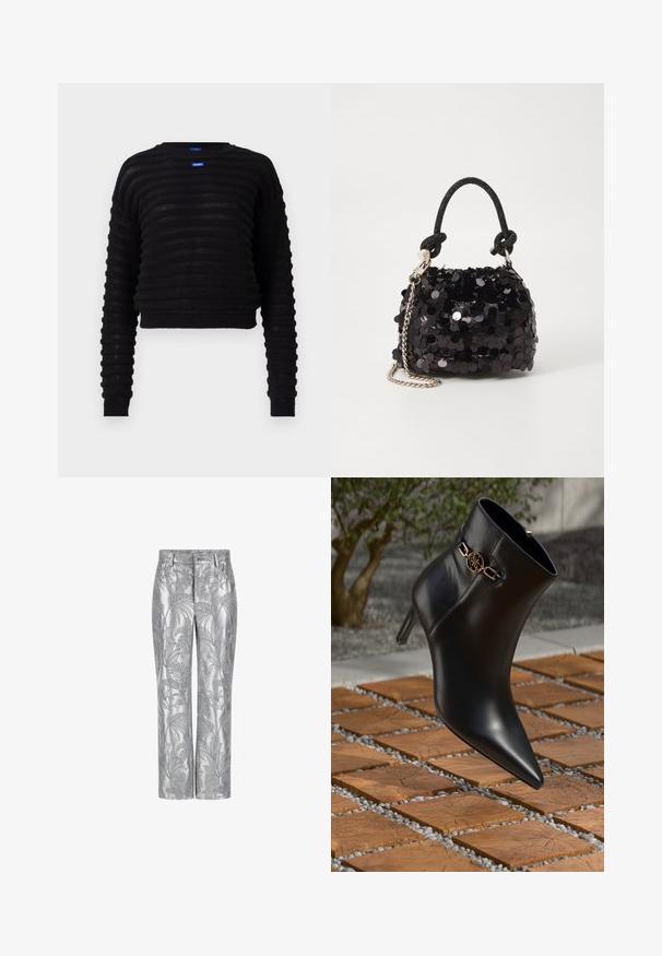 Crni skraćeni pulover s rebrastom teksturom, dugim rukavima i okruglim izrezom. Ima plavu oznaku s logom sprijeda. Izrađen od laganog materijala.; Srebrne hlače s vezenim listovima, ravnog kroja, glatke i sjajne teksture. Funkcionalne džepove i kopčanje na dugme.; Crne kožne gležnjače s uskim vrhom i malom potpeticom. Sadrže zlatnu lančanu dekoraciju oko gležnja. Okružene su teksturiranom kamenitom površinom.; Crna mini torbica sa šljokicama, s čvorastim teksturiranim remenom i srebrnim lancem. Zaobljenog oblika s naboranim vrhom i reflektivnim detaljima.