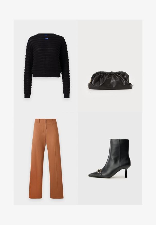 Czarny krótki sweter o prążkowanej fakturze, z długimi rękawami i okrągłym dekoltem. Posiada niebieską metkę z logo z przodu. Wykonany z lekkiego materiału.; Szerokie spodnie w bogatym brązowym kolorze, wykonane z gładkiego materiału, z regularnym pasem i pętlami na pasek oraz z przodu z plisami.; Czarny skórzany botek za kostkę z szpiczastym noskiem, smukłym średnim obcasem i srebrnym zapięciem po boku na jednolitym tle.; Czarna skórzana kopertówka z marszczoną górą, zamykana na zamek, z dodatkami w kolorze złotym. Gładka tekstura z tłoczonym detalem logo.