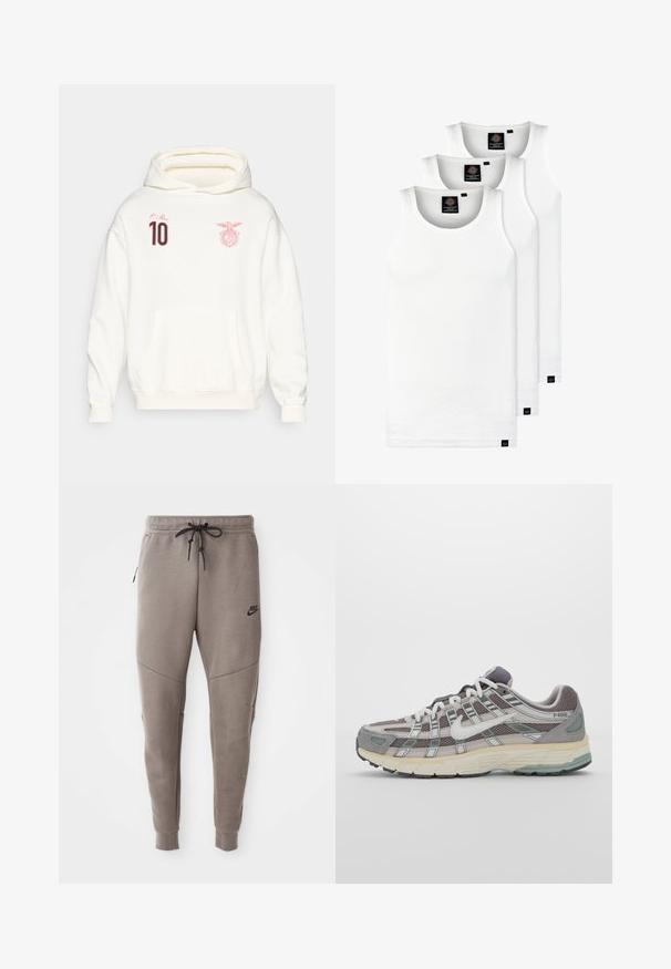 Biely mikina s kapucňou a červeným textom "O Rei", číslo 10 na ľavej hrudi a červený orlí logom na pravej hrudi, predná klokanka.; Tri biele rebrované tielka vyrobené z bavlny. Majú okrúhly výstrih a malé čierne štítky pri leme. Dostupné v rôznych veľkostiach.; Sivé tepláky Nike s nastaviteľným pásom, zúženými nohavicami, bočnými vreckami a výrazným švom. Mäkká, textúrovaná látka.; Šedá športová obuv so zvrškom z nylonu a semišu, bielymi akcentmi, polstrovanou podrážkou a jedinečným dizajnom s reflexnými prvkami.