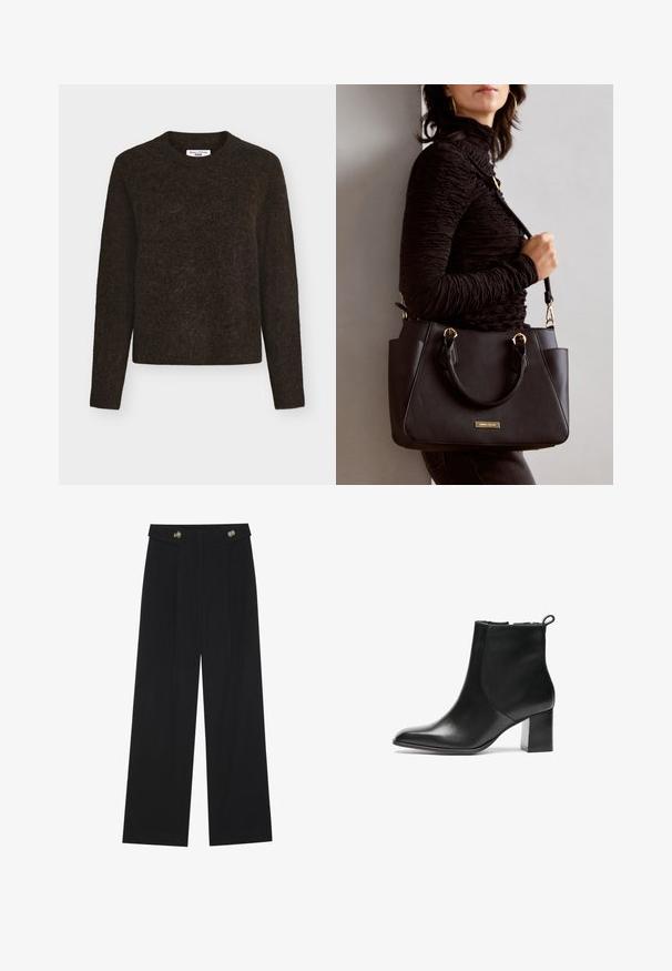Tamnosmeđi džemper s okruglim izrezom izrađen od mekanog, teksturiranog materijala. Ima duge rukave i opušteni kroj s blagom mliječnom teksturom.; Crne hlače širokih nogavica s visokim strukom, s dugmadi na pojasu i prednjim nabora.; Crne kožne gležnjače s okruglim vrhom, središnjom blok petom i pomoću petlje na stražnjem dijelu. Glatka tekstura, minimalistički dizajn.; Crna torba s teksturiranom površinom, dvostrukim gornjim ručkama i podesivom remenom za rame. Ima zlatne metalne detalje i bočne džepove.