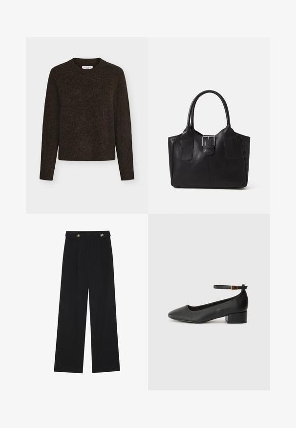 Dark brown crewneck sweater made from a soft, textured material. Features long sleeves and a relaxed fit with subtle fuzziness.; Black wide-leg trousers with high waist, button details on waistband, and front pleats.; Black leather pump with a pointed toe and a low block heel. Features an ankle strap with a gold-tone buckle. Smooth texture.; Black leather tote bag with smooth texture, structured shape, two handles, and a prominent silver buckle detail on the front.