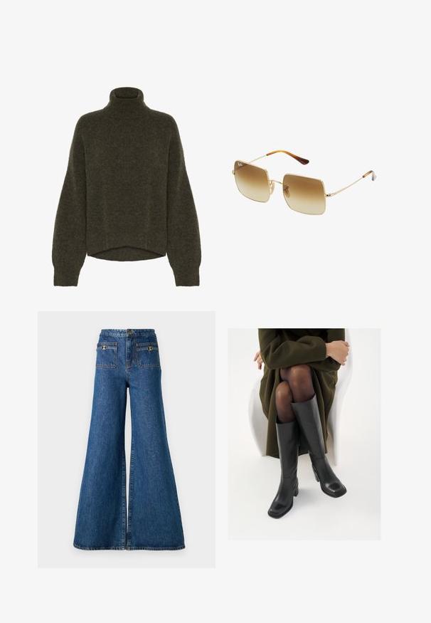 Oliivroheline, kootud kõrge kaelusega särk lõdva lõikega, laiade varrukatega ja lühikese hemiga. Pehme tekstuur minimaalse disainiga.; Tumedad jalad denimii, mille kõrgusega, kahe tagataskuga kuldsete detailidega ning tooriku servadega.; Knee-high mustad nahast saapad nelinurkse varbaga ja plokilise kontsaga, esitatud mudeli kõrval, kes istub oliivirohelises mantlis. Sujuv tekstuur, minimaalne detailide arv.; Nurkpruunide gradient-prillidega ruudukujulised soeprillid, kuldse metallraami ja kilpkonnamustriga aksessuaari abil templites.