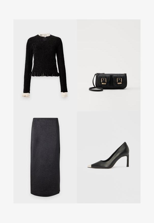 Musta pitkähiha-aita, jossa on teksturoitu kangas, röyhelöhelma ja valkoiset röyhelökoristeet kauluksessa ja hihoissa. Sisältää keskeisen silmukkakiinnityksen.; Musta midi-hame, jossa on ryppyinen rakenne, suora leikkaus ja sivuaukko. Materiaali näyttää kevyeltä. Helman muoto on hieman pyöristetty.; Musta nahkainen korkokenkä, jossa on kärkiosa ja metallinen hopeanvärinen kärki. Kenkä on sileäpintainen ja siinä on kapea 10 cm korko.; Musta nahkainen olkalaukku, jossa on kaksi etutaskua, kultaiset soljet, vetoketjukiinnitys ja kapea hihna. Teksturoidun pinnan ja kompaktin suorakaiteen muoto.