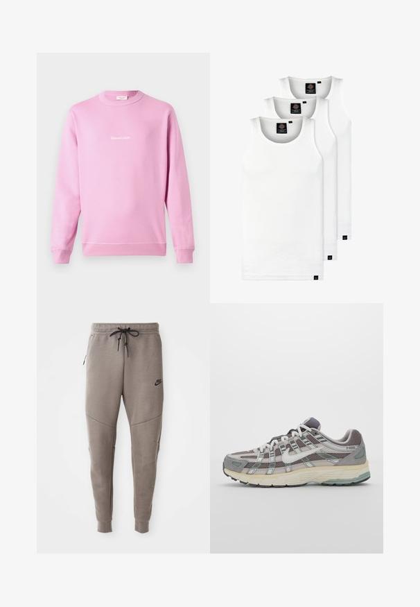 Růžová mikina vyrobená z kombinace bavlny, s dlouhými rukávy a kulatým výstřihem. Na přední straně se nachází bílý logo v kurzívě.; Tři bílé žebrované tílka vyrobené z bavlny. Mají kulatý výstřih a malé černé štítky poblíž lemu. Dostupné v několika velikostech.; Šedé Nike tepláky s elastickým pasem na šňůrku, zúženými nohavicemi, bočními kapsami a charakteristickým švem. Měkká, strukturovaná tkanina.; Šedá sportovní obuv s vrchní částí z mikrovlákna a semiše, bílými akcenty, polstrovanou podrážkou a jedinečným designem s reflexními prvky.