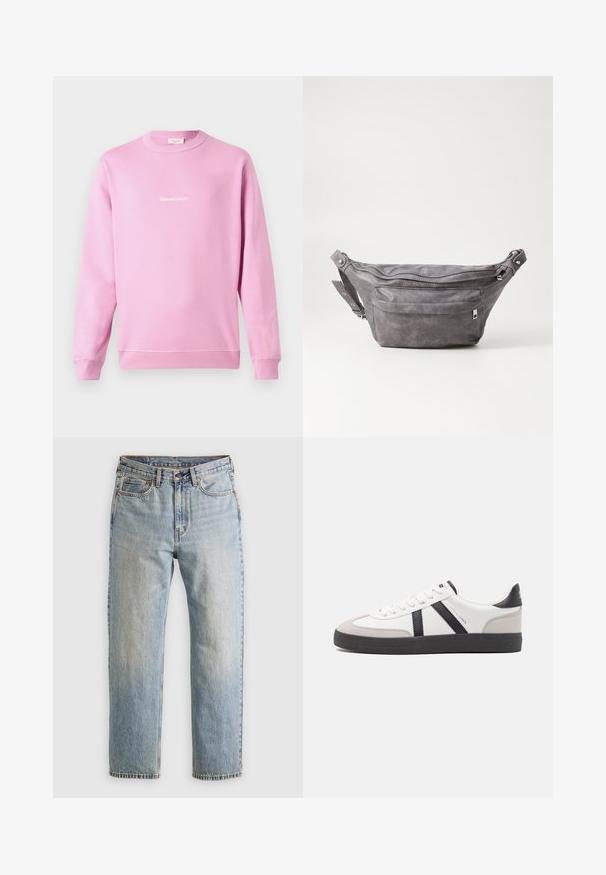 Rózsaszín pamut keverék pulóver, hosszú ujjú, kerek nyakkivágással. Az elején fehér, írott logó található.; Világoskék farmernadrág magas derékkal, elülső gombbal, cipzárral és öt zsebbel, sima háttérre fektetve.; Fehér sneaker fekete és szürke részletekkel, textúrált szürke orr résszel, fekete gumitalppal és lapos fehér fűzőkkel. Tiszta dizájn, minimalista stílus.; Szürke velúr övtáska kerek formával, két cipzáras rekesszel és állítható pánttal. Fém dekorációval rendelkezik.