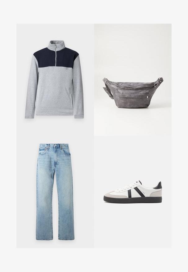 Grauer Fleece-Pullover mit einem dunkelblauen oberen Abschnitt. Verfügt über einen Viertelreißverschluss-Kragen und Seitentaschen. Weicher Stoff, lässiges Design.; Hellblaue Jeans aus Denim mit weiten, geraden Beinen, Fünf-Taschen-Design und einem mit Gürtel befestigten Bund. Der Stoff zeigt eine leicht ausgeblichene Textur.; Weiße Sneaker mit schwarz- und grau-aczenten, ausgestattet mit einer strukturierten grauen Zehenkappe, schwarzer Gummi-Sohle und flachen weißen Schnürsenkeln. Sauberes Design, minimalistische Stil.; Graue Wildleder-Gürteltasche mit runder Form, zwei mit Reißverschluss verschlossenen Fächern und verstellbarem Trageriemen. Mit metallischen Hardware-Akzenten.