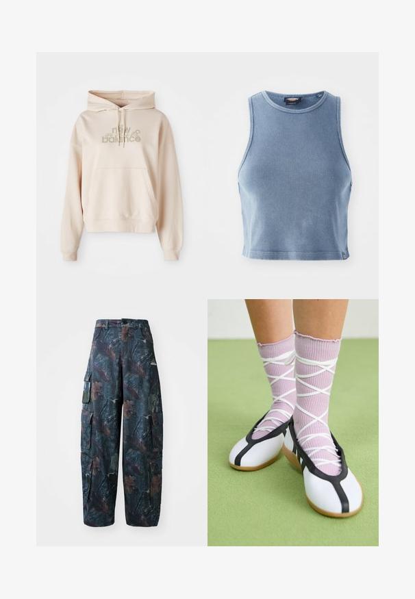 Bež kapuca pulover s sprednjim žepom, ki vsebuje logotip "new balance" ter cvetlične akcenta v umirjenih barvah. Mehka tkanina in dolgi rokavi.; Svetlo modra rebrasta crop majica z okroglim izrezom in brezrokavnim dizajnom. Gladka tekstura in majhna logotska podrobnost na robu.; Kamuflažne cargo hlače v temno zeleni in rjavi barvi, z več žepi in ohlapnim krojem, izdelane iz lahkega, trpežnega blaga.; Bele čevlji z ravnim podplatom in črnim robom ter podplatom, v kombinaciji s svetlo vijoličastimi rebrastimi nogavicami, ki imajo bele križaste trakove. Postavljeni na zeleni podlagi.