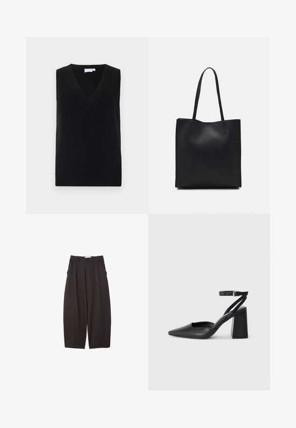 Črni brezrokavnik z globokim V-izrezom, z rebrasto teksturo in diskretnimi stranskimi detajli. Klasičen dizajn s pravim krojem.; Črne široke hlače iz gladkega materiala, z visokim pasom, zgornjimi pregibi in stranskimi žepi. Preprost dizajn brez okrasnih elementov.; Črne usnjene klasične čevlje z ostrim nosom, z zaponko za gleženj in debelim peto. Ravna tekstura, eleganten dizajn in minimalistična estetika.; Črna usnjena torba s svilnato teksturo, pravokotne oblike in dvema dolgima ročajema. Brez vidnih metalnih delov ali okrasnih elementov.