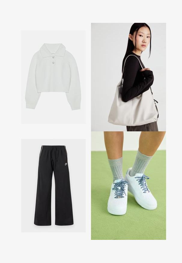 Valge lühendatud sviiter ribatekstuuriga, suur krae ja kolm dekoratiivset nööpi kaelas. Pikad varrukad ribatud mansettidega.; Mustad mustad püksid, mis on valmistatud pehmest kangast, elastse vöökoha ja nööriga, külgedel triibud ning väike logo vasakul ees.; Valged nahast tennisetooted siniste aktsentide ja augustatud varba disainiga, tekstuuriga sinivalged paelad, kantud hallide ribakudumitega sokkidega.; Bež käekott pehme materjali, millel on lõtv disain, õmblustega detailid ja kaks õlarihma. Sobib igapäevaseks kasutamiseks.