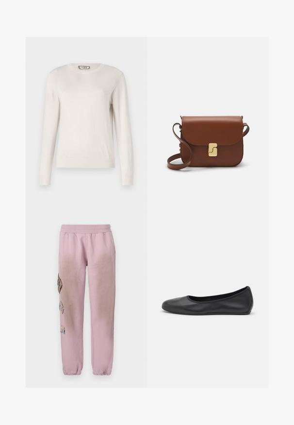 Šviesiai smėlio spalvos ilgomis rankovėmis megztinis su apvalia iškirpte, pagamintas iš minkšto mezginio. Ripsuoti rankogaliai ir apačia, lygus tekstūra, minimalus dizainas.; Rožinės sportinės kelnės su elastinga juosta, kairėje pusėje dekoruotos rombo formos aplikacijomis ir elastingais užkulniais.; Juodai odiniai baletai su apvaliu pirštu, lygi texture, minimalus siuvimo detales ir lanksčiu padų dizainu.; Ruda odinė rankinė su uždaromu dangteliu, aukso spalvos detalėmis, petneša ir lygiu paviršiumi. Kompaktiška stačiakampio formos.
