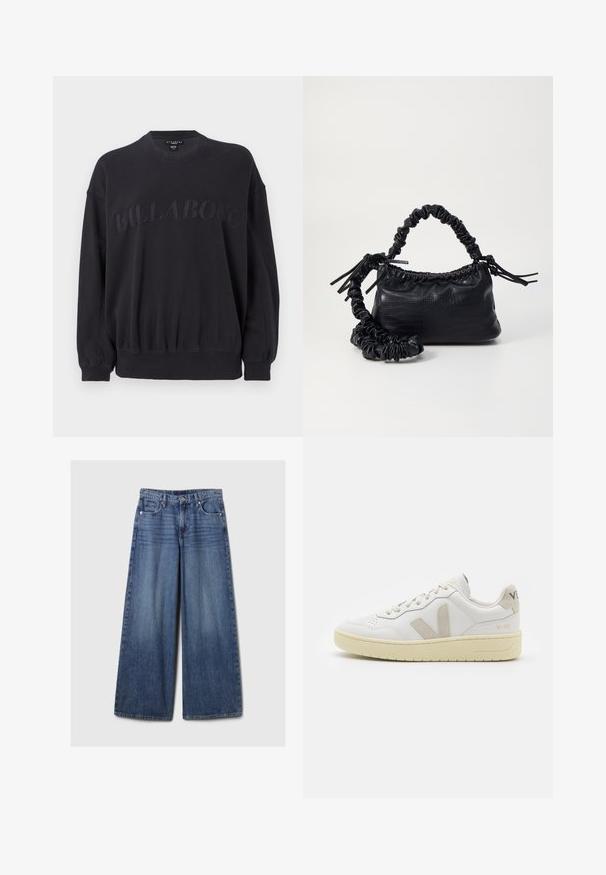 Sudadera negra con cuello redondo, cintura elástica y mangas largas. Presenta un logo texturizado "BILLABONG" cosido en la parte frontal.; Jeans de mezclilla azul de pierna ancha con un acabado desgastado, que cuentan con un cierre de botón y cremallera, cinco bolsillos y cinturas.; Zapatilla de piel blanca con acentos de ante beige, caja de puntera perforada, cordones planos y suela texturizada en color crema. Cuenta con un branding sutil en el talón.; Bolso de mano de imitación cuero negro con textura de cocodrilo, parte superior fruncida y correa arrugada. Presenta un diseño suave y compacto.