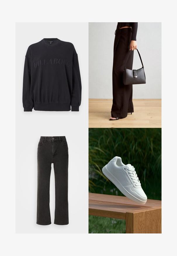 Svart sweatshirt med rundad halsringning, elastisk midja och långa ärmar. Har en strukturerad "BILLABONG"-logga broderad över framsidan.; Svarta vida jeans i denim, med knappstängning fram, bältesöglor och fem fickor med en något urtvättad textur.; Vita sneakers med en slät syntetisk ovandel, perforerat tåparti, platta snören och en strukturerad sula, placerade på en träyta.; Svart handväska med strukturerad form, slät yta och metallspänne. Matchad med vida svarta byxor och sandaler med öppen tå på trägolv.