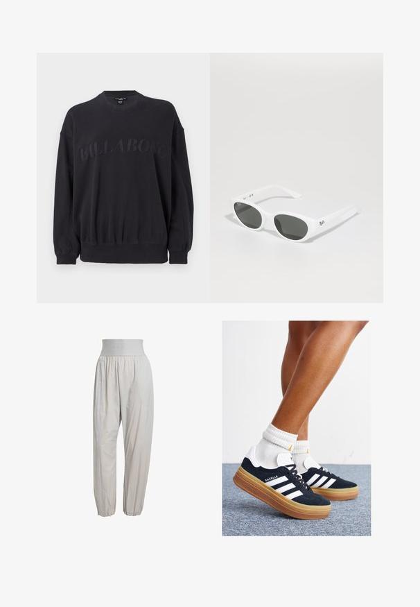 Felpa nera con colletto rotondo, vita elastica e maniche lunghe. Presenta il logo "BILLABONG" in rilievo cucito sul davanti.; Pantaloni leggeri di colore grigio chiaro, con vita elasticizzata, polsini arricciati e cuciture laterali che presentano una delicata texture lungo tutta la lunghezza.; Sneakers in pelle scamosciata nera con strisce e dettagli bianchi, punta arrotondata, suola in gomma color gomme, abbinate a calzini bianchi a coste alla caviglia.; Occhiali da sole bianchi con montatura arrotondata e lenti scure. Presentano una superficie in plastica liscia e un piccolo logo sulla tempia.