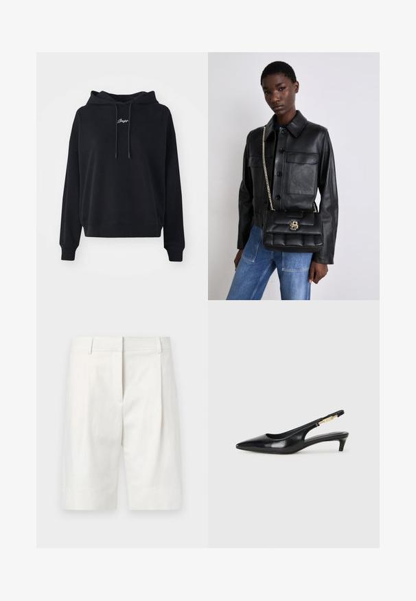 Černá mikina s kapucí vyrobená z měkké látky, s nastavitelnou kapucí, volným střihem a vyšitým textem na přední straně. Manžety a lem jsou žebrované.; Světlé tailored kraťasy vyrobené z bavlny, s plochým předním dílem, záhyby a rovný střih. Hladká textura s klasickým povrchovým zpracováním.; Černé kožené boty na podpatku s otevřenou patou a špičatou špičkou, s tenkým podpatkem a zlatým akcentem na nastavitelném pásku. Hladký povrch.; Černá kožená bunda s knoflíkovým zapínáním a dvěma předními kapsami, spárovaná s černou prošívanou kabelkou s zlatým uzávěrem a řetízkovým popruhem.