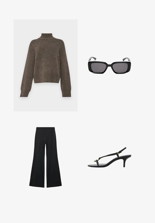 Hnědý pletený svetr s vysokým límcem a volným střihem. Má dlouhé rukávy a měkkou, strukturovanou tkaninu.; Černé kalhoty s širokými nohavicemi a hladkou texturou, s předními sklady a přizpůsobeným střihem. Materiál je lehký a splývavý.; Černé kožené sandály na kotníkovém podpatku s tenkými pásky, zlatou sponou a minimalistickým provlečením na prstech na bílém pozadí.; Černé obdélníkové sluneční brýle s tmavými skly, hladkým plastovým rámem a zakřivenými stranicemi. Design je robustní s minimalistickou estetikou.