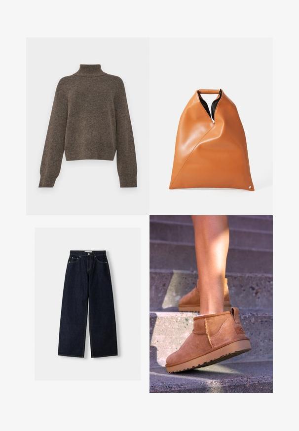 Barna, kötött pulóver magas gallérral és laza fazonnal. Hosszú ujjakkal rendelkezik, és puha, texturált anyagból készült.; Sötétkék farmer széles szárú nadrág magas derékkal, öt zsebbel, eltérő varrással és ezüstszínű fémalkatrészekkel. Sima textúra és tiszta finish.; Barna nubuk bokacsizmák, puha textúrával, varrott részletekkel és gumitalpakkal, hurok alakú sarokkal a könnyű felvétel érdekében.; Barna bőr táska háromszögletű redőkkel, tetején fogantyúval és fekete belső résszel, sima fehér háttér előtt.