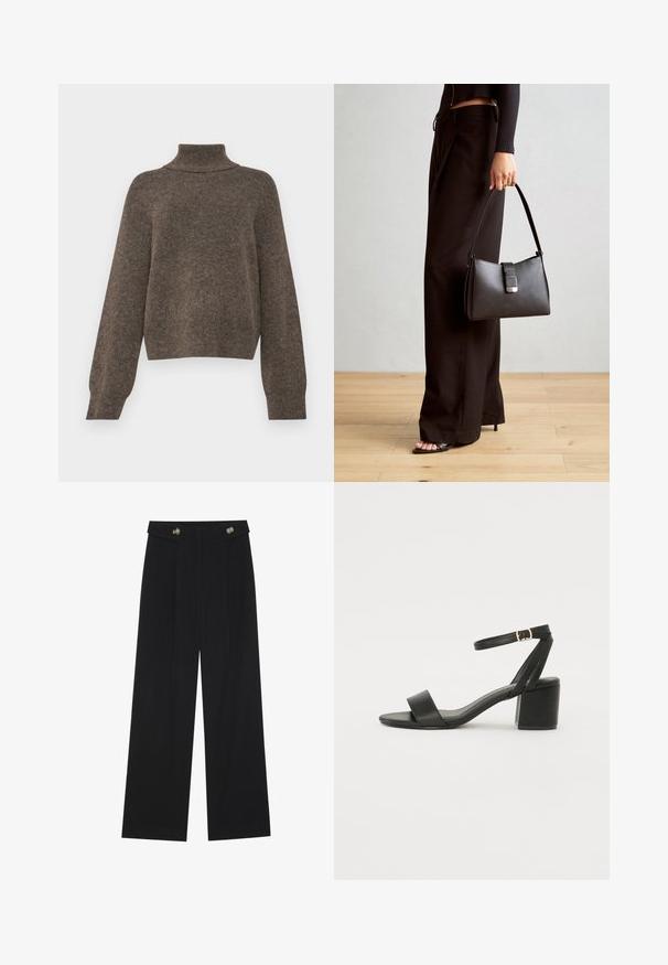 Rjav pleten pulover z visokim ovratnikom in ohlapnim krojem. Ima dolge rokave in mehko, strukturo optično tkanino.; Črne široke hlače s visokim pasom, gumbnimi detajli na pasu in sprednjimi gubami.; Črne sandale na peto z gladkim usnjenim zgornjim delom, odprtim nosom, širokimi sprednjimi trakovi in nastavljivim gležnjenčkom z zlatim zaponko.; Črna torbica z strukturirano obliko, gladko teksturo in kovinskim zaponko. Ujemajo se z širokimi črnimi hlačami in odprtimi sandali na lesenem tleh.