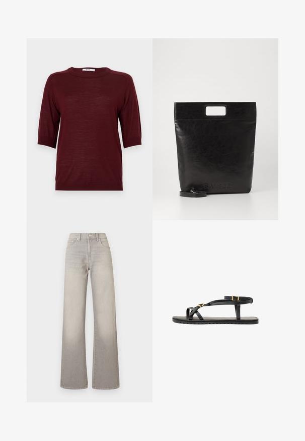 Burgundy short-sleeve sweater with a crew neck, made of a lightweight fabric, featuring ribbed accents at sleeves and hem.; Gray wide-leg jeans with a faded finish, button closure, five-pocket design, and stitched detailing along the seams.; Black leather sandals with thin straps and a buckled ankle strap. Flat sole with a textured finish and zigzag edge. Minimalist design.; Black leather tote bag with a square handle, featuring a textured finish and embossed logo. Includes a detachable strap.