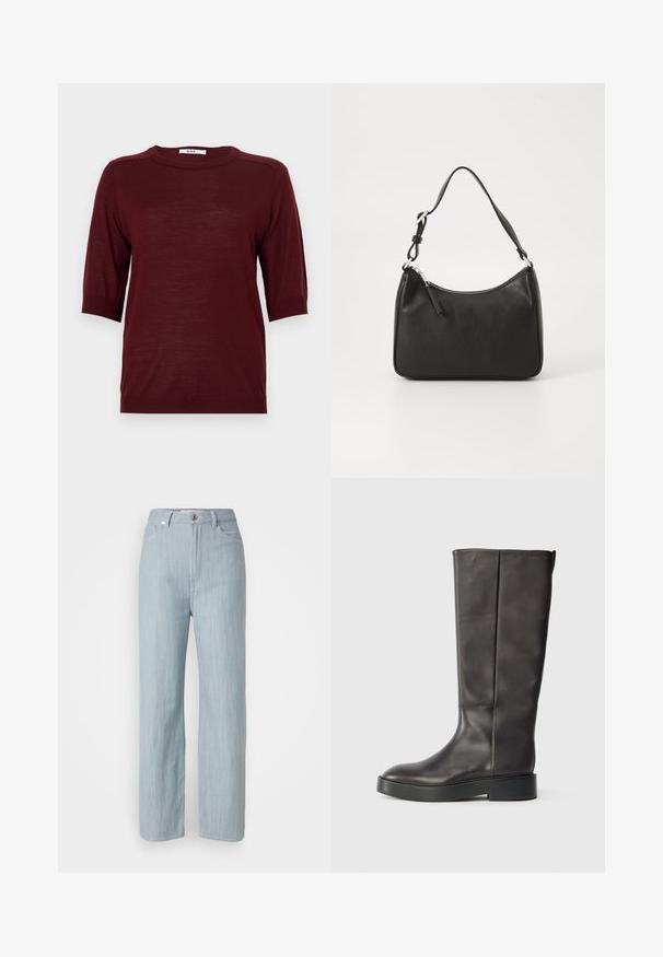 Suéter burdeos de manga corta con cuello redondo, hecho de un tejido ligero, con acentos acanalados en las mangas y el dobladillo.; Jeans de pierna recta en azul claro, hechos de denim. Cuenta con cinco bolsillos, un cierre de botón de metal y un sutil desgastado para añadir textura.; Bota de cuero negra hasta la rodilla con suela gruesa y sutil logo de Calvin Klein cerca del borde superior, vista de lado.; Bolso de mano de cuero negro con forma curvada, una sola correa, cierre de cremallera y marcas sutiles en la parte frontal. Textura suave, diseño minimalista.